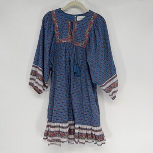 Cleobella Blue Floral Block Print Cotton Mini Dress Womens Size M Boho Tassel